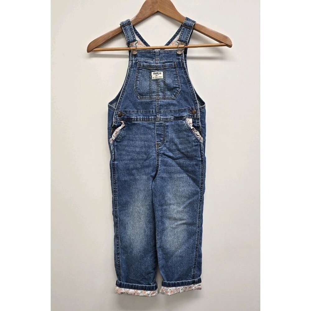 Oshkosh Denim Blue Jean Bib Overalls Toddler Size 5T Floral Ruffles Adjustable